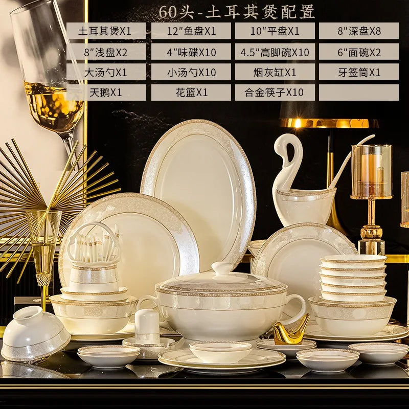 Bone China Tableware Set 60-Piece With Gold Hand-Painting — White | KIMLUD