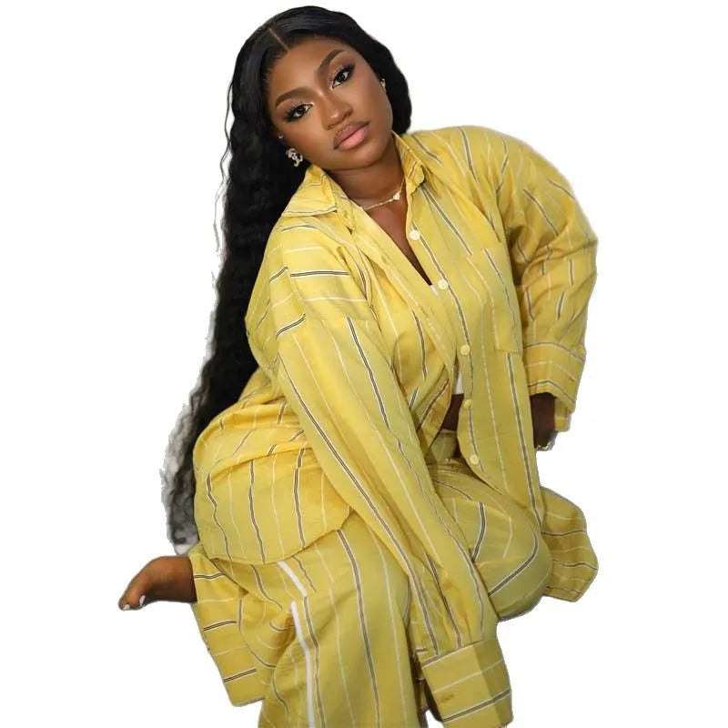 Boutique Wholesale 2025 Autumn New Fashion Collar Loose Striped Shirt Casual Pants Women's Set