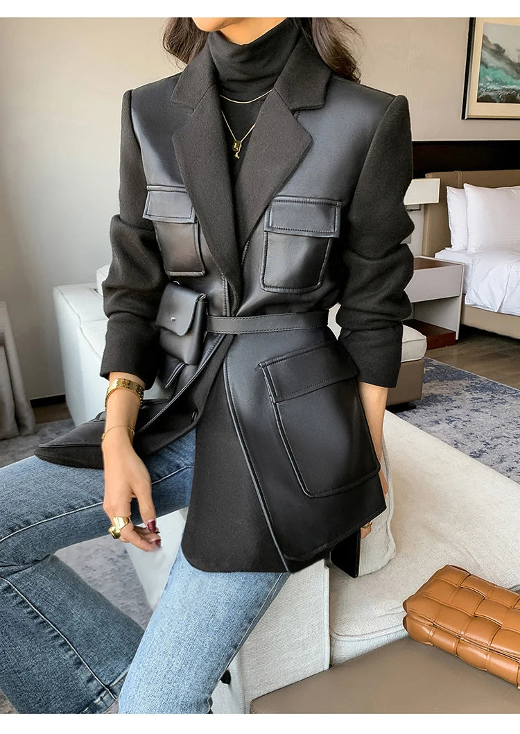 Patchwork Leather Jacket – Pockets – Faux Leather PU – Black | KIMLUD