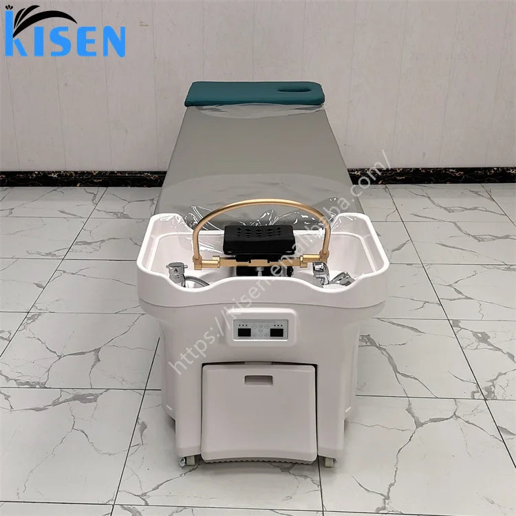 PU Leather Hair Washing Bed Integrated Basin On Wheels — White | KIMLUD