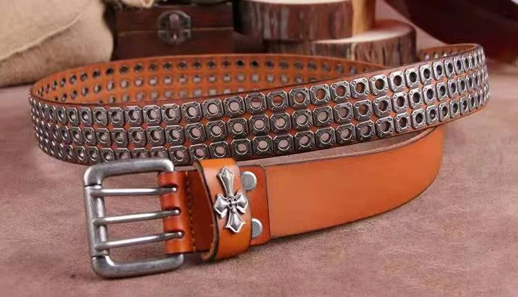 Studded Leather Belt Heavy Metal Style — Dark Brown | KIMLUD