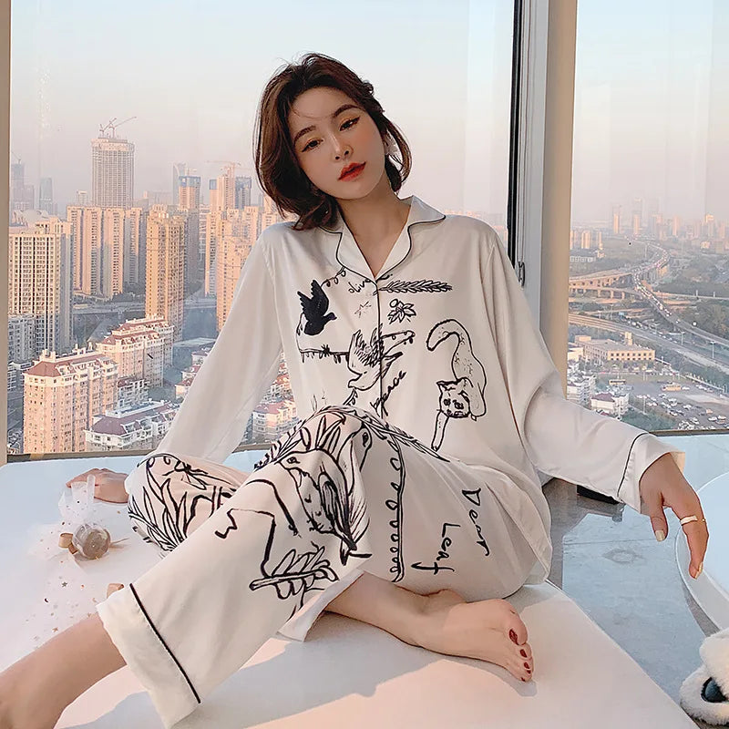 Pajamas Set – Luxury Animal Graffiti Print – Polyester Stretch | KIMLUD