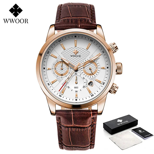 2024 New WWOOR Design Men Watches Top Brand Luxury Waterproof Leather Quartz Wristwatch Sports Chronograph Relogio Masculino+Box