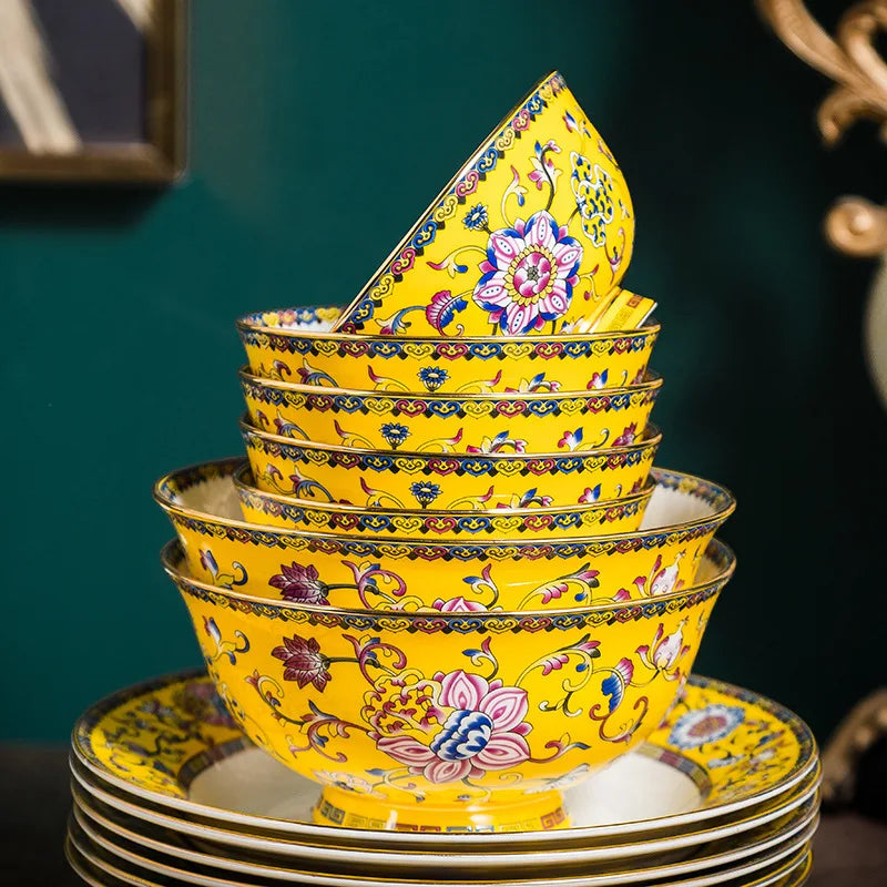 70 Pcs High-End Bone China Tableware Set Enamel Color Bowl Chopstick Plate Bowls for Household Perfect Dinnerware Gift