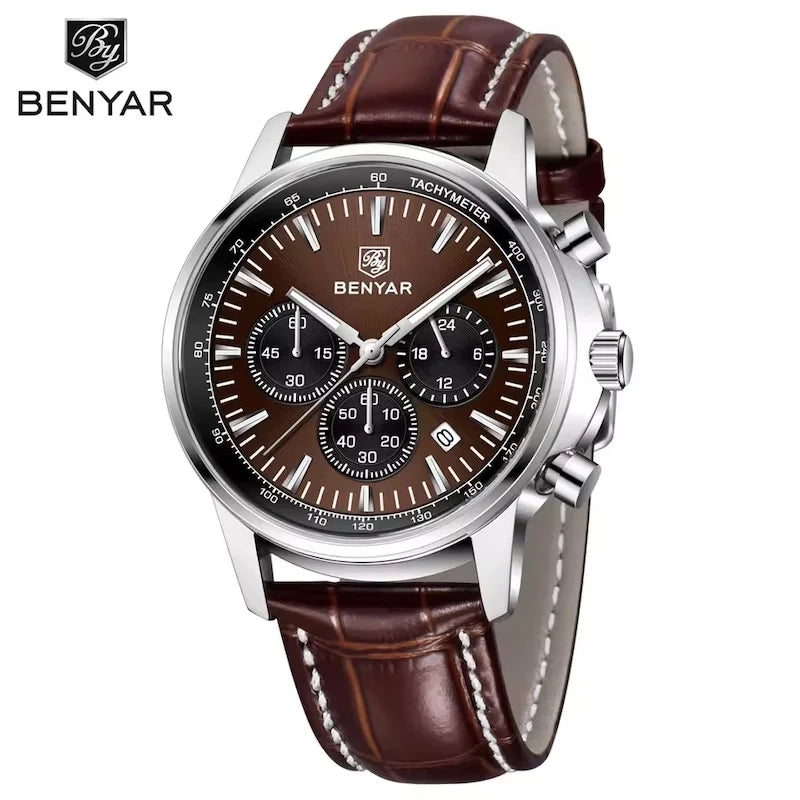 BENYAR 5213 New Men's Watches Top Brand Luxury Quartz Watch for Man Chronograph Wristwatches Clock Waterproof Leather Luminous