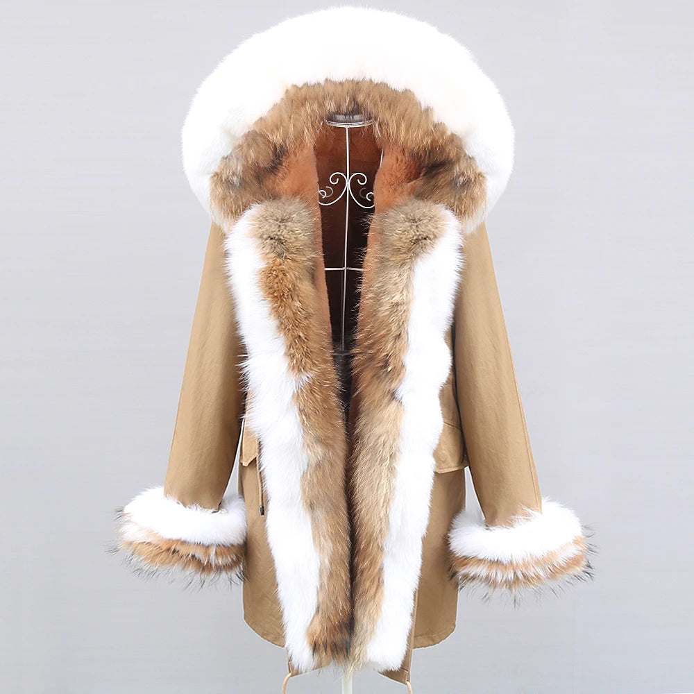 2024 Winter Jacket Women Natural Raccoon Fur Collar  Real Fur Coat Color matching Hood Cuffs Thick Warm Outerwear New Long Parka