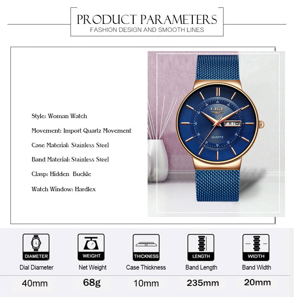 LIGE Women Watches Luxury Brand Ultra-thin Calendar Week Quartz Watch Ladies Clocks Mesh Stainless Steel Waterproof Reloj Mujer