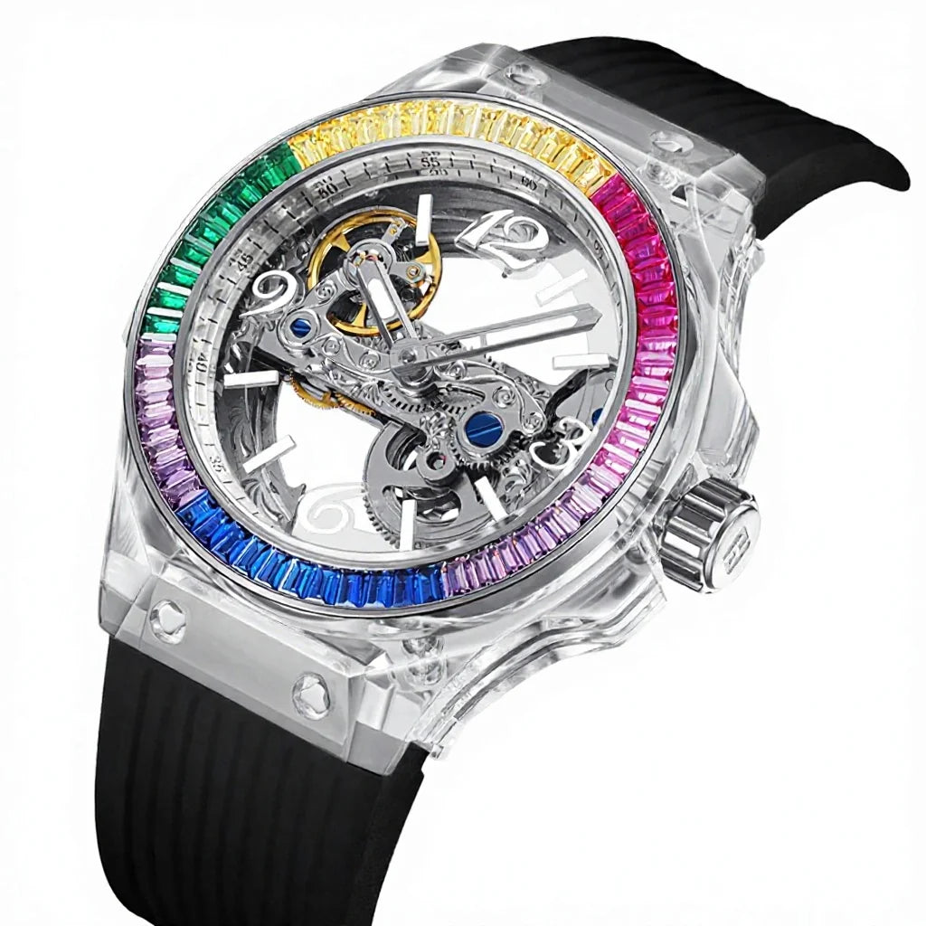 Stainless Steel Skeleton Mechanical Watch — Black | KIMLUD
