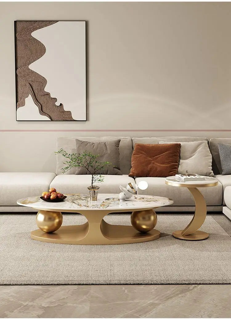 Italian Marble Oval Extendable Coffee Table With High Gloss Rock Plate Finish — White | KIMLUD
