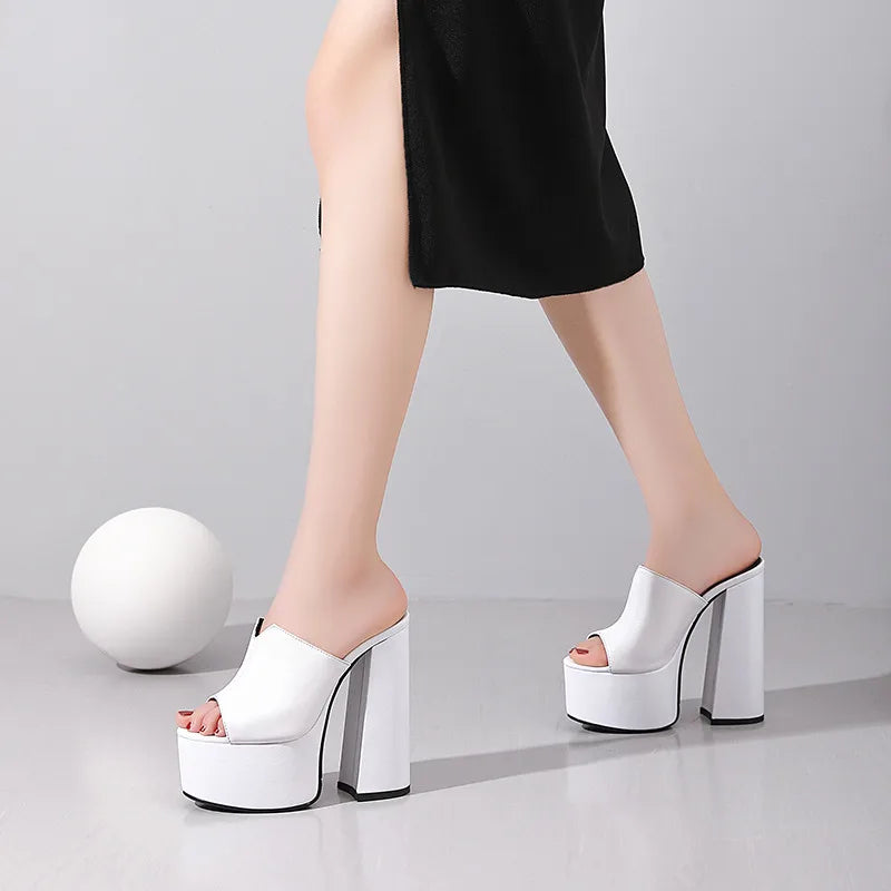 Genuine Leather Sandals Platform 8cm Heel — Black | KIMLUD
