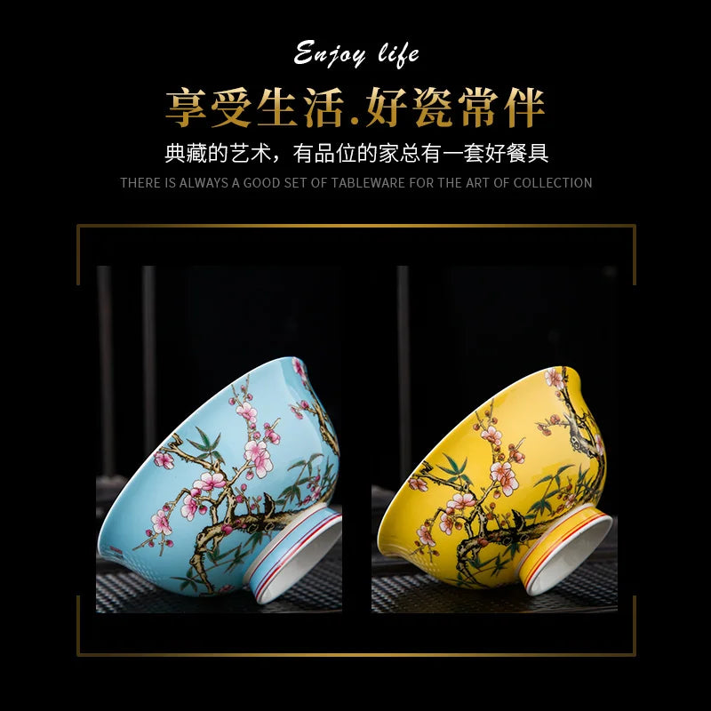 Jingdezhen Fine Bone China Bowl Enamelled With Retro Flower Bird Pattern — Yellow | KIMLUD