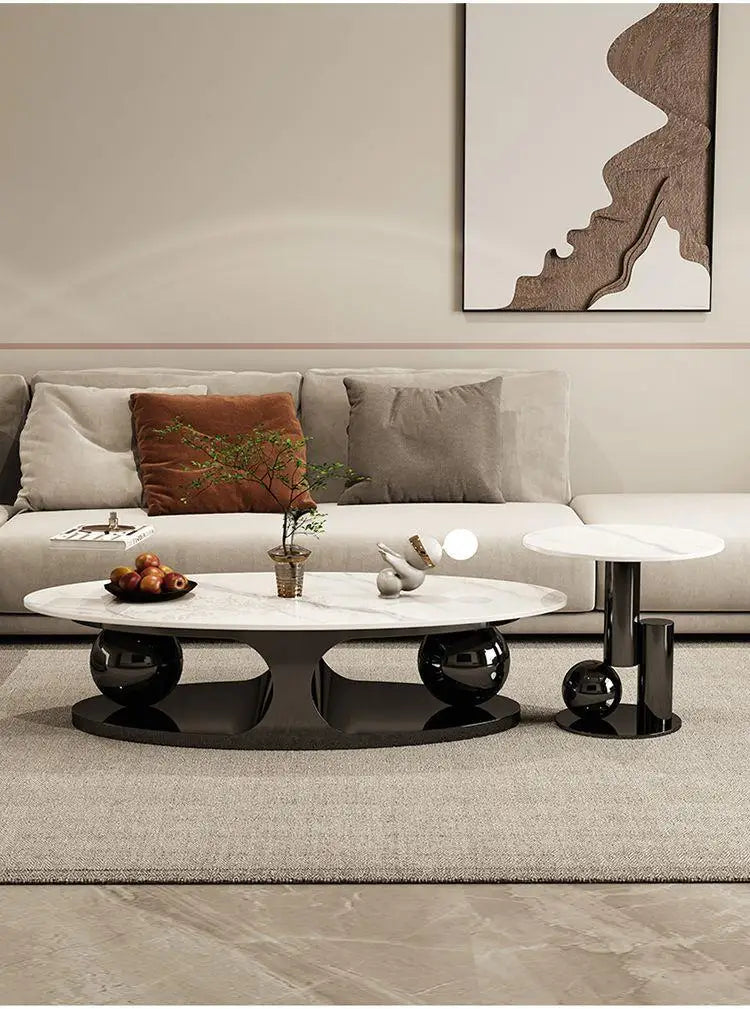 Italian Marble Oval Extendable Coffee Table With High Gloss Rock Plate Finish — White | KIMLUD