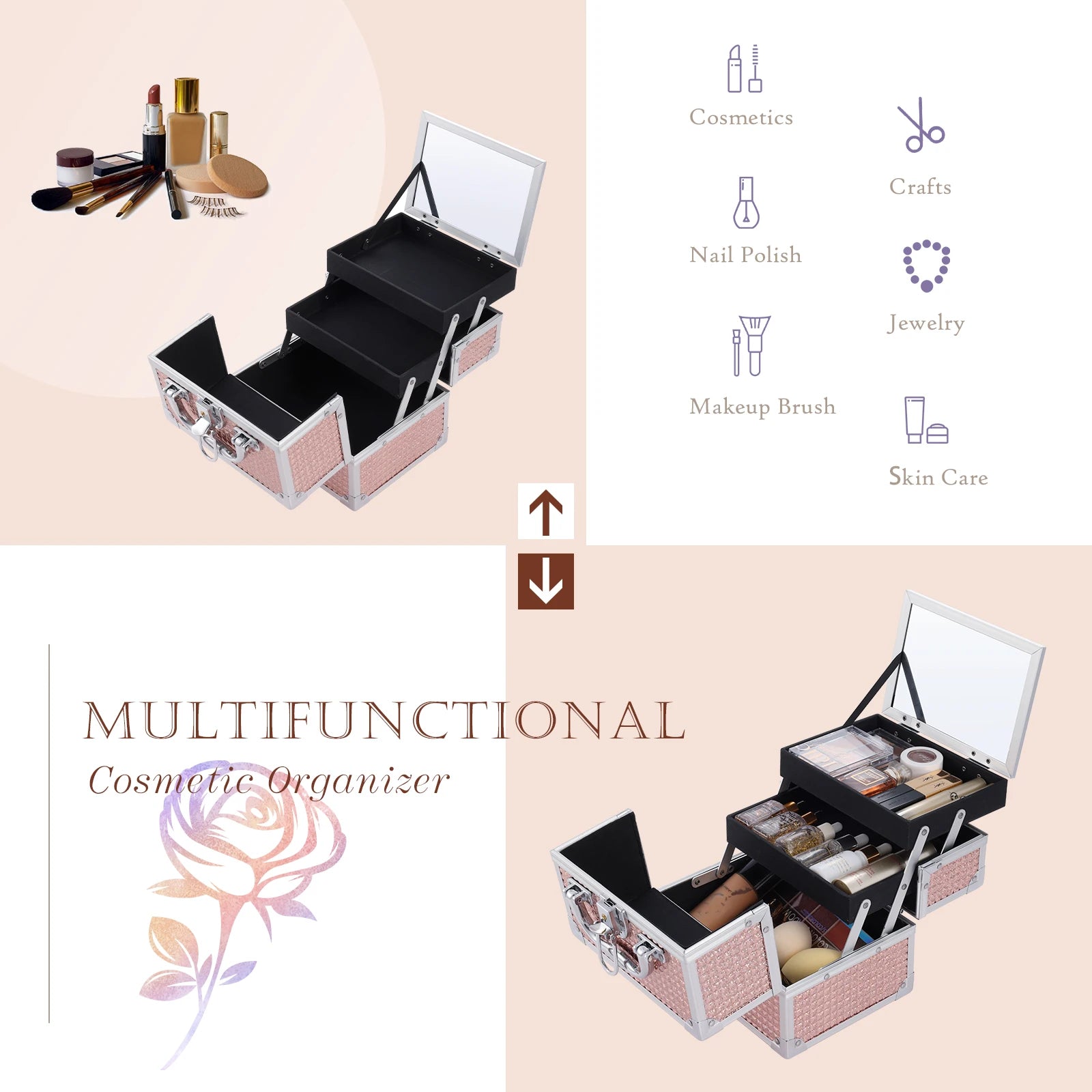 Fashionable Girls Cosmetic Case with Mirror for Artist 2 Trays Lockable Aluminum Makeup Train Case Travel Beauty Storage Case