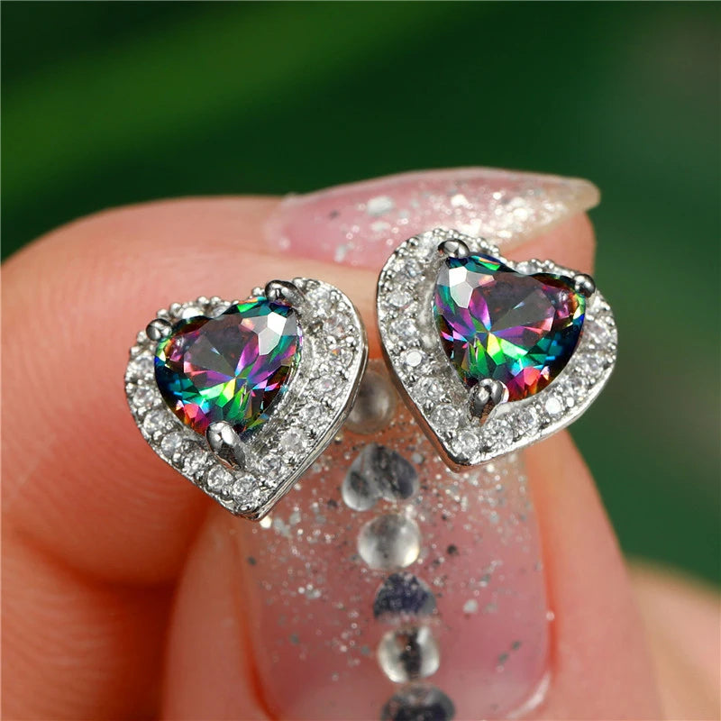 Cubic Zirconia Stud Earrings Heart Design — Assorted Colors | KIMLUD