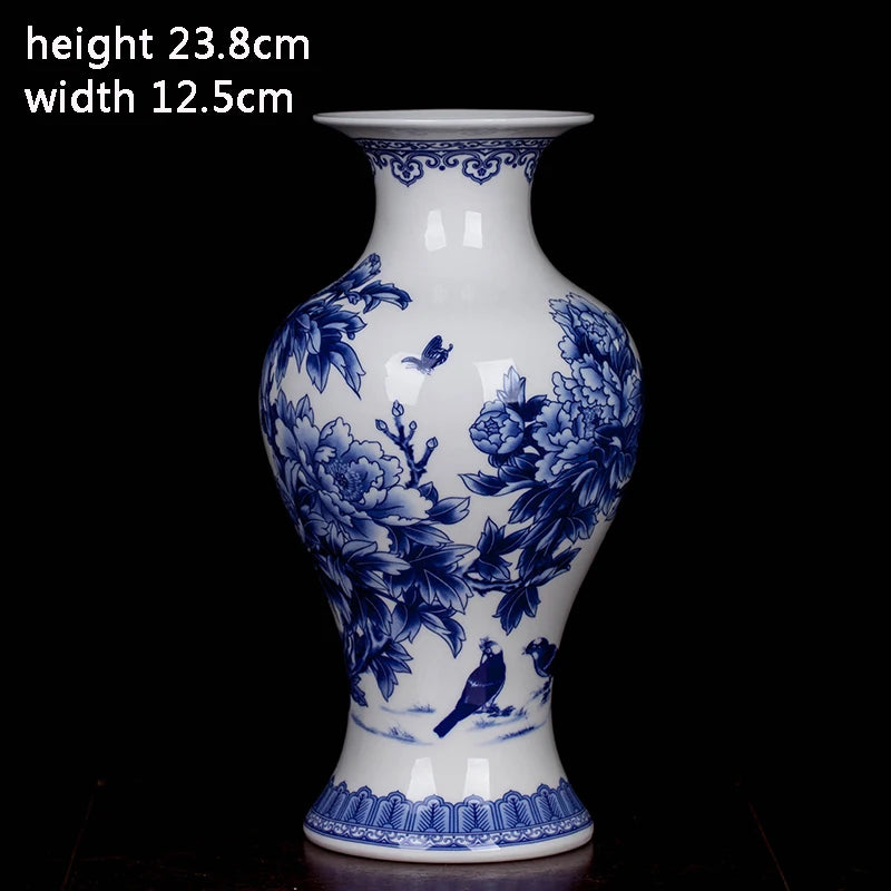 Jingdezhen Ceramic New Chinese Peony Flower Vase Blue And White Porcelain Ornaments Lliving Room Fine Bone China Vase Decoration