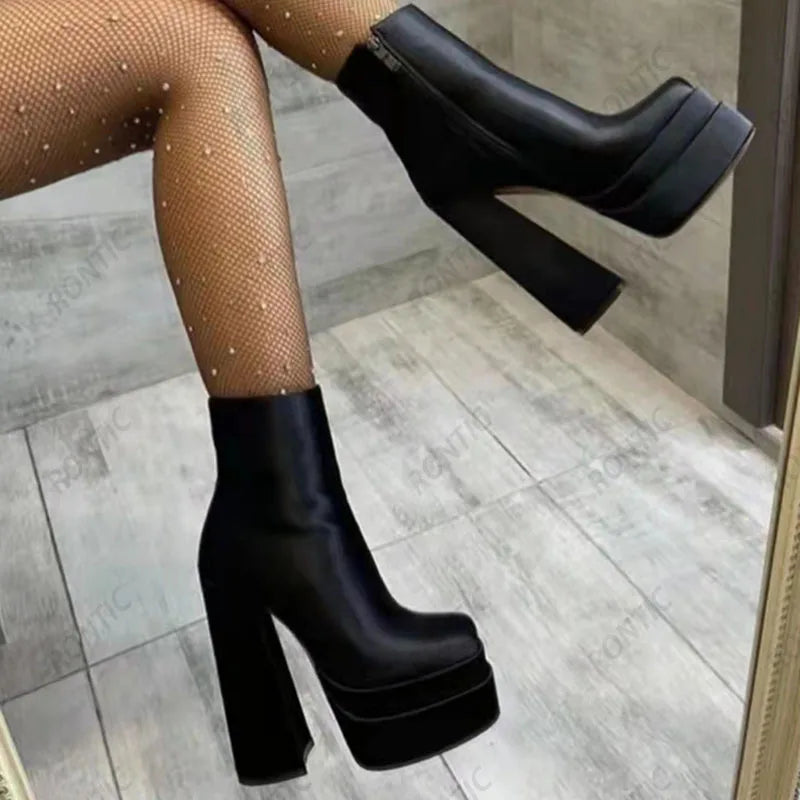 Rontic New Stylish Women Platform Ankle Boots Block Heels Square Toe Elegant Black Fuchsia Party Shoes US Size 4-13
