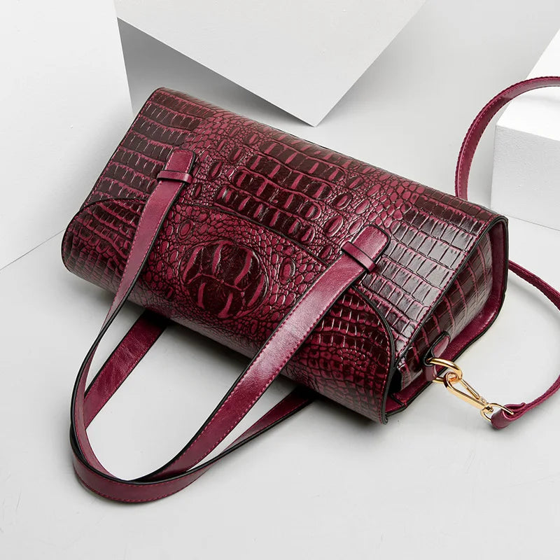 PU Leather Top-Handle Tote Alligator Crossbody — Black | KIMLUD