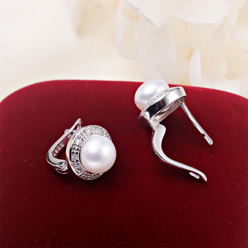 Sterling Silver Pearl Stud Earrings Natural Freshwater Pearl — White | KIMLUD