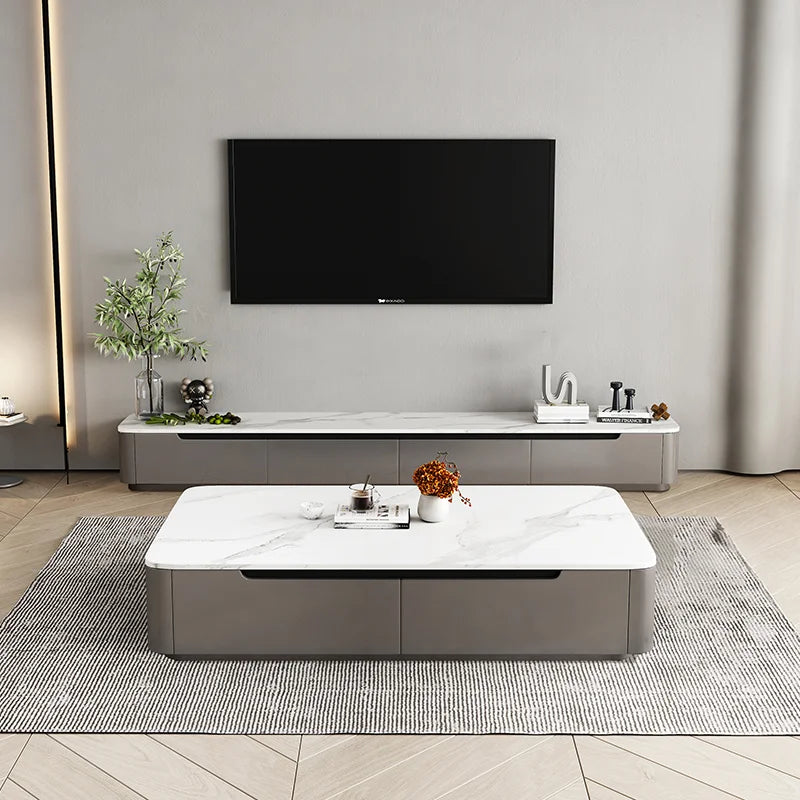 Marble-Wood TV Cabinet Console With Coffee Table — White Marble | KIMLUD