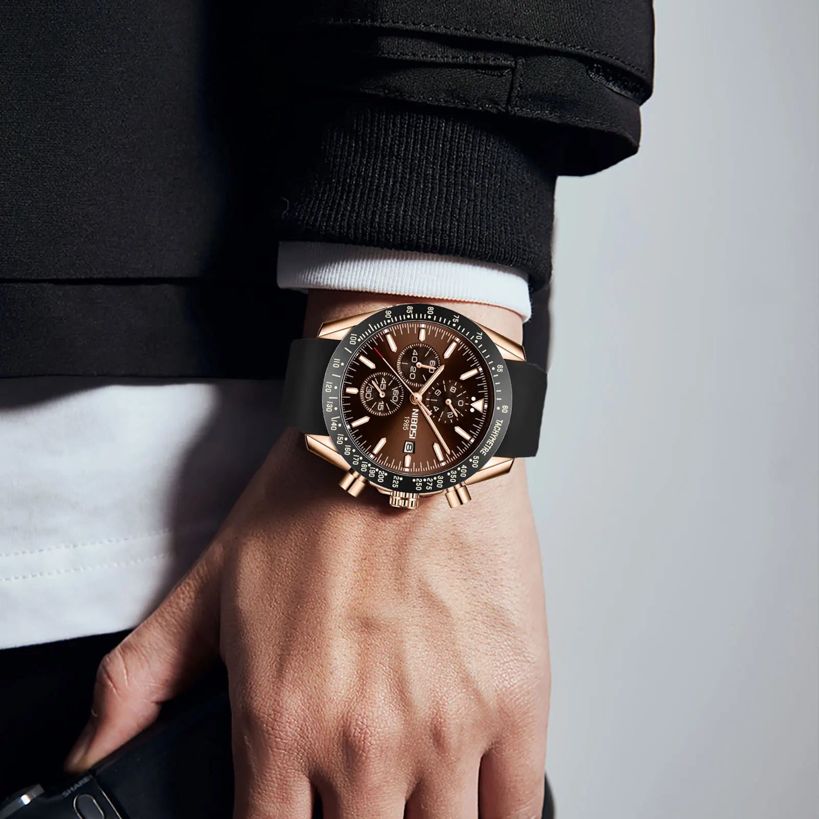 NIBOSI 2615 Business Style Men Watch Luminous Real Leather Band Wristwatch Silicone Strap Chronograph Quartz Watches
