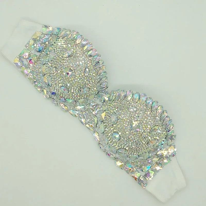 Diamond Bikini Top Push Up Rhinestone Embellished Contour Bandeau — Rose Pink | KIMLUD