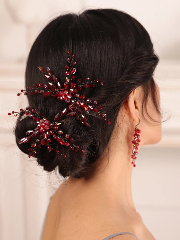 KIMLUD, Bohe Red Black Bridal Headwear Crystal Hair pin and Earrings set Bride hair jewelry hat female wedding hair accessories, KIMLUD Women's Clothes