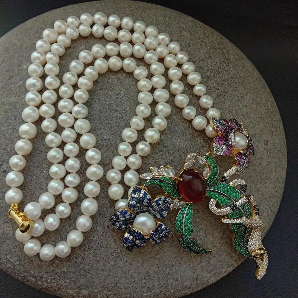 21" 2 Rows White Round freshwater Pearl Necklace  cz pave annimal  flower monkey gold color plated Pendant luxury wedding