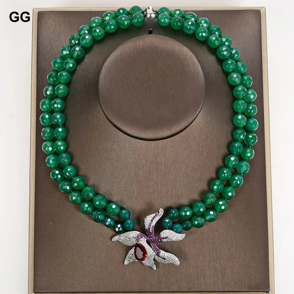 GuaiGuai Jewelry 18"-19'' 2 Rows Green Round Agates Necklace Red Crystal CZ Flower Pendant For Women