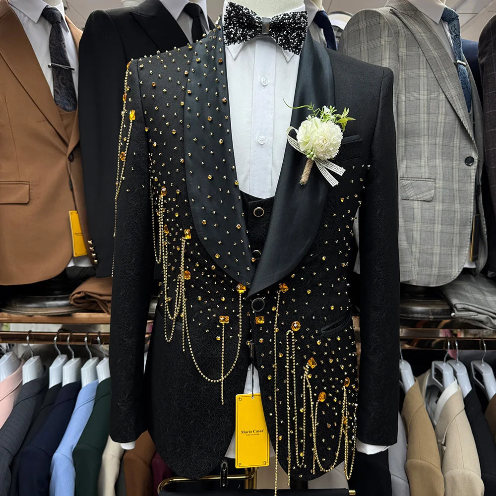 Handmade Rhinestone Beaded Men 3 Piece Suits Luxury Wedding Groom Wear Slim Fit Single Breasted Tuxedo Jacket Vest Pants Set