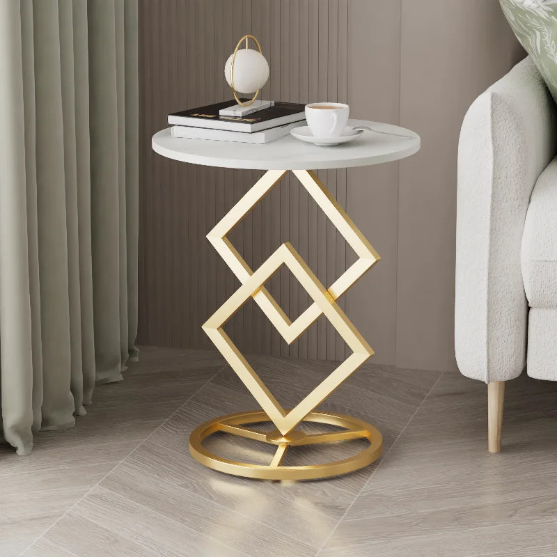 Modern Luxury Diamond Shaped Bracket Side Table Round Marble Center Table for Living Room Dining Elegant Home Furniture