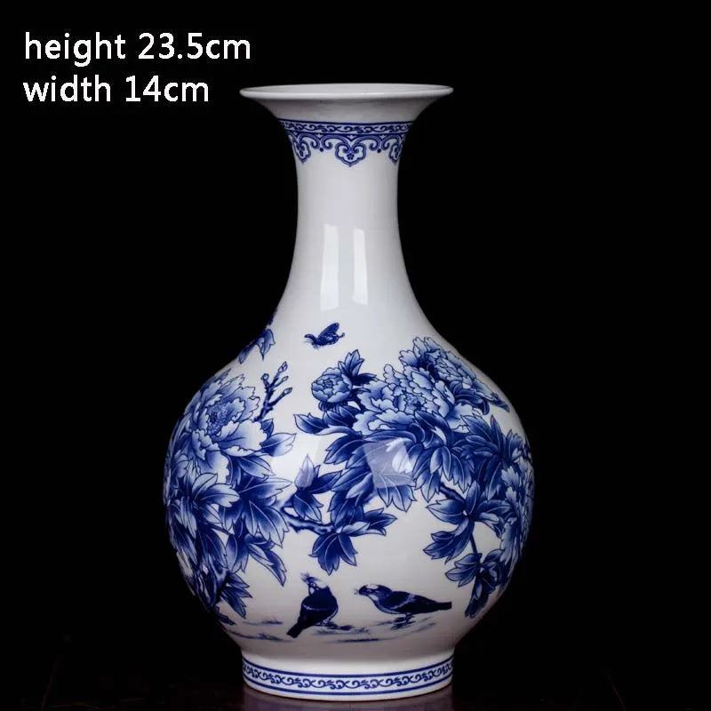Jingdezhen Ceramic New Chinese Peony Flower Vase Blue And White Porcelain Ornaments Lliving Room Fine Bone China Vase Decoration