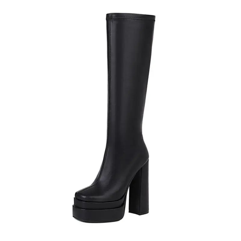 Botas De Mujer Zipper Side Think Bottom Winter Fall Knee High Leather Black Chunky Platform Women Boots
