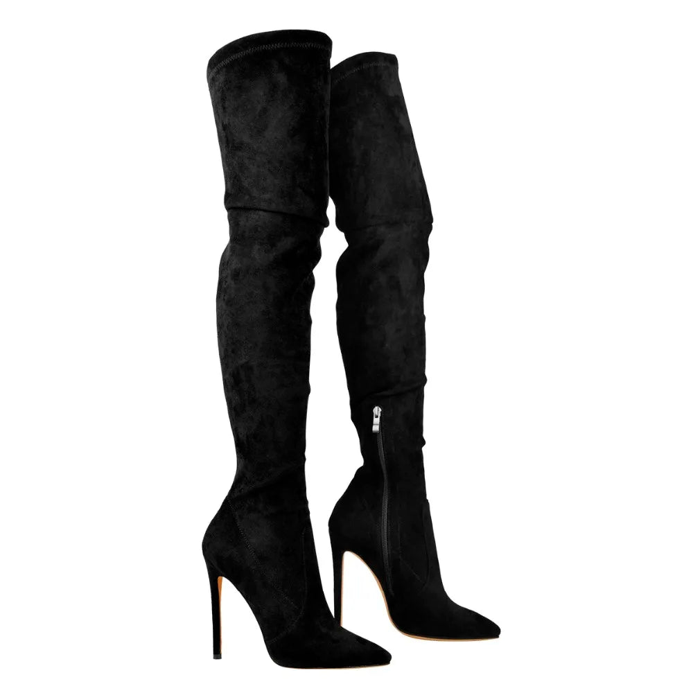 Onlymaker Womens Stretch Thigh High Socks Booties Pointed Toe High Heel Over the Knee Boots Faux Suede Black Big Size Boots