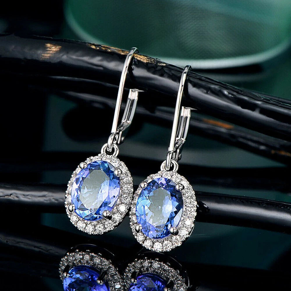 Cubic Zirconia Drop Earrings Oval Halo — Blue | KIMLUD