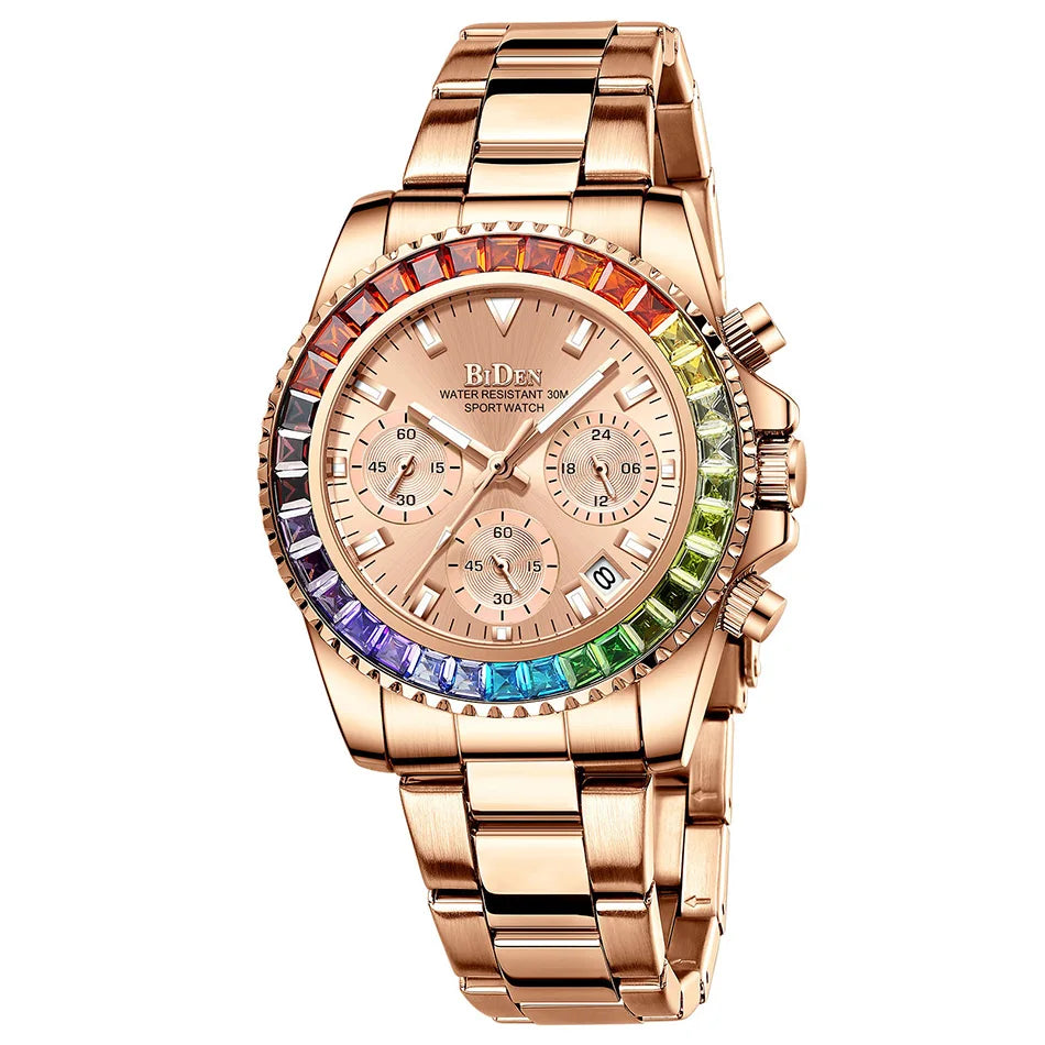 Fashion BIDEN Brand Lady Dress Watch Calendar Colorful Rhinestone Dial Casual Business Women Wristwatch Silver Stainless Steel