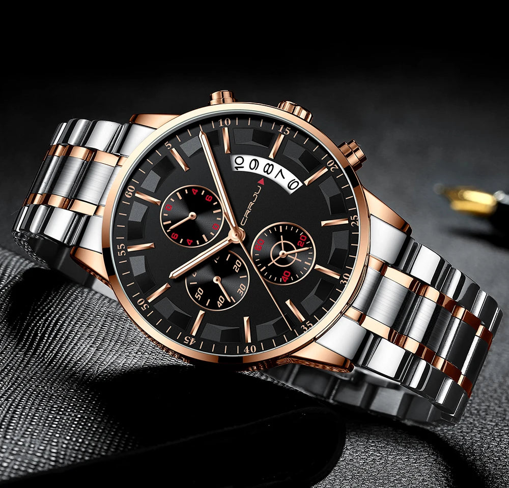 CRRJU 2261 Hot Sell Chinese Gents Quartz Watch clear Steel Strap Luminous Chronometer Calender Outdoor Hand Watch