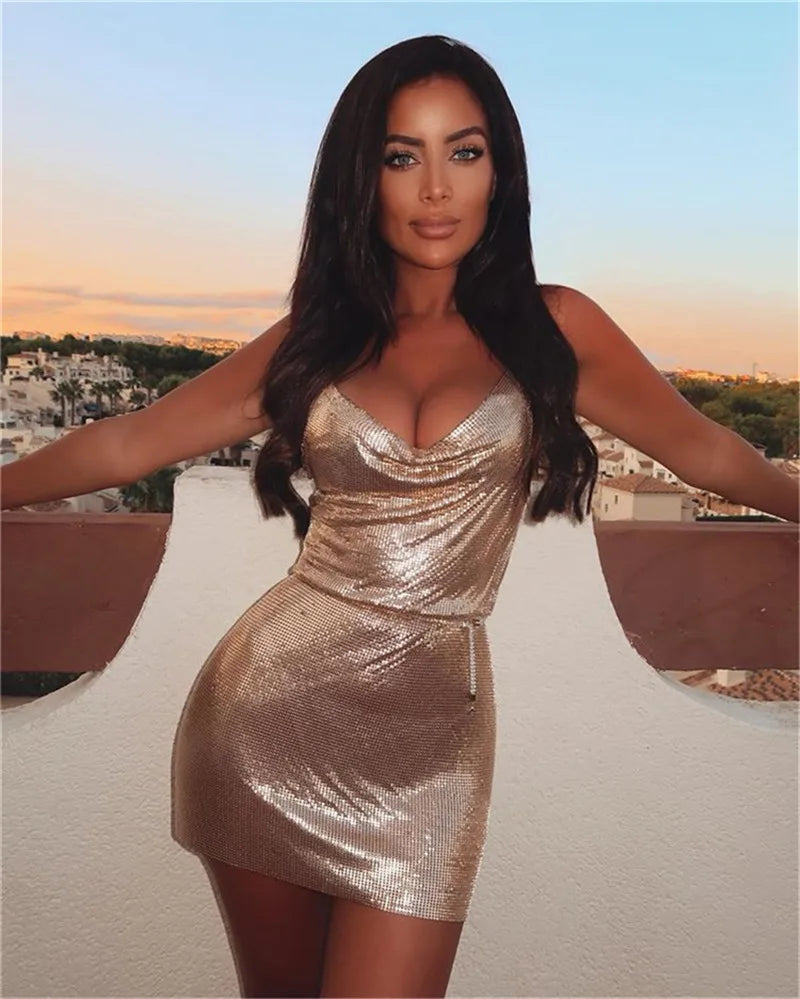Sexy Diamond Halter Metal Party Dress 2025 Gold Silver Summer Backless Sequin Women's Dropshipping Fashion Vesitos