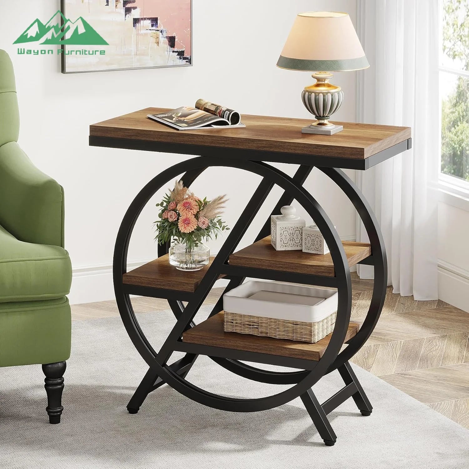 Solid Wood And Metal Console Table Two-Tier With Gold Arches — White | KIMLUD