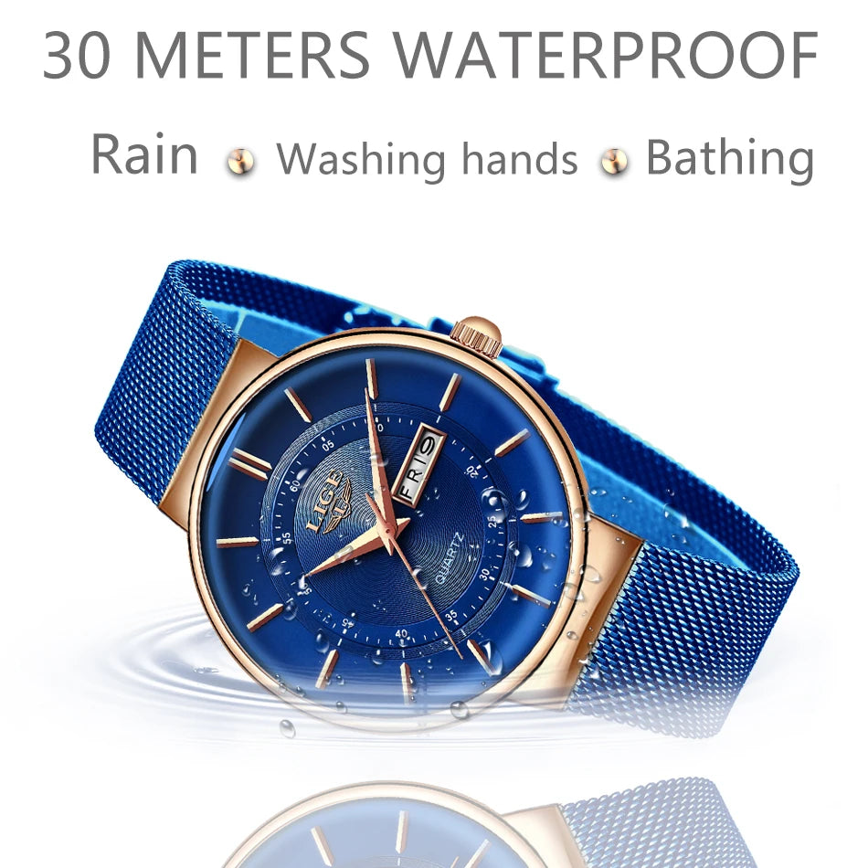 LIGE Women Watches Luxury Brand Ultra-thin Calendar Week Quartz Watch Ladies Clocks Mesh Stainless Steel Waterproof Reloj Mujer