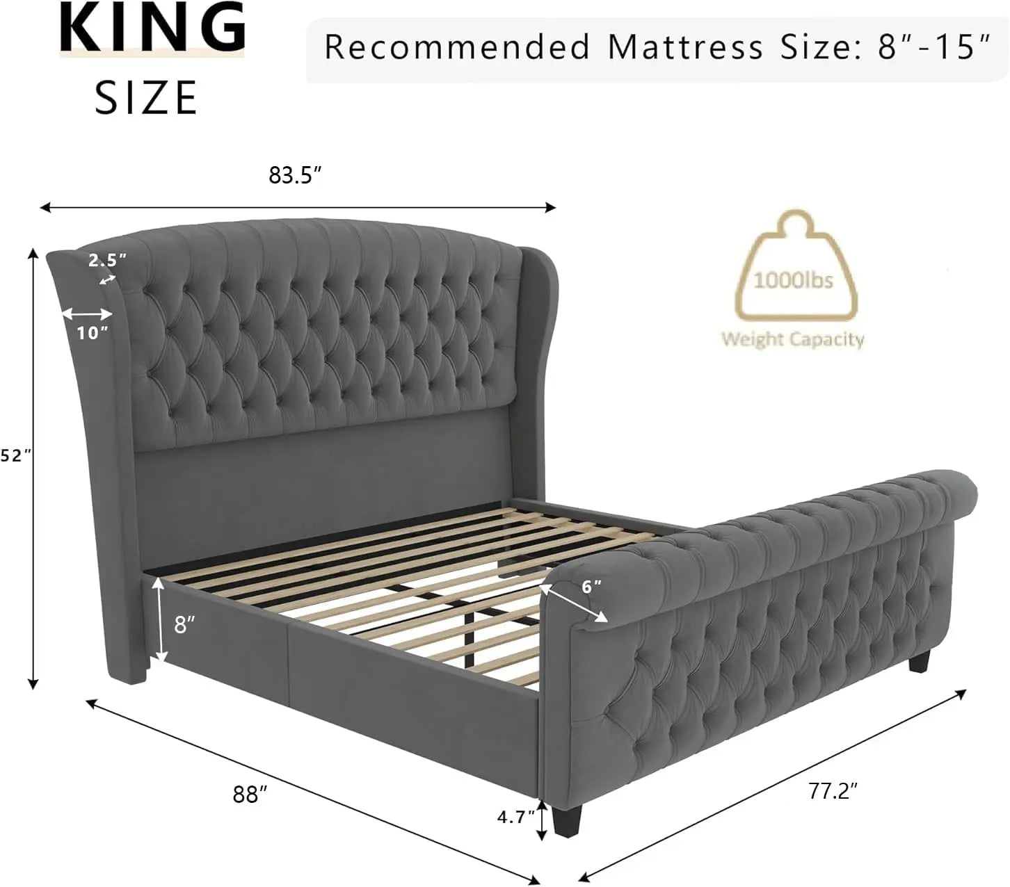 Velvet Upholstered Tufted Sleigh Bed — Gray | KIMLUD