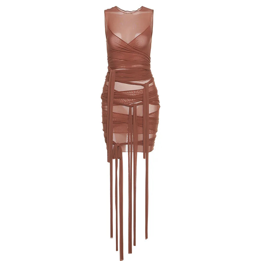 Ribbon-Wrapped Dress Draped See-Through Mesh Bandage Short High-Waist — Brown | KIMLUD
