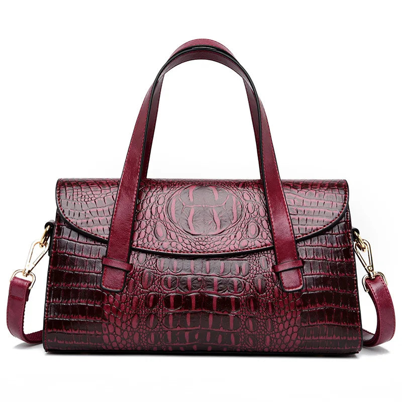 PU Leather Top-Handle Tote Alligator Crossbody — Black | KIMLUD