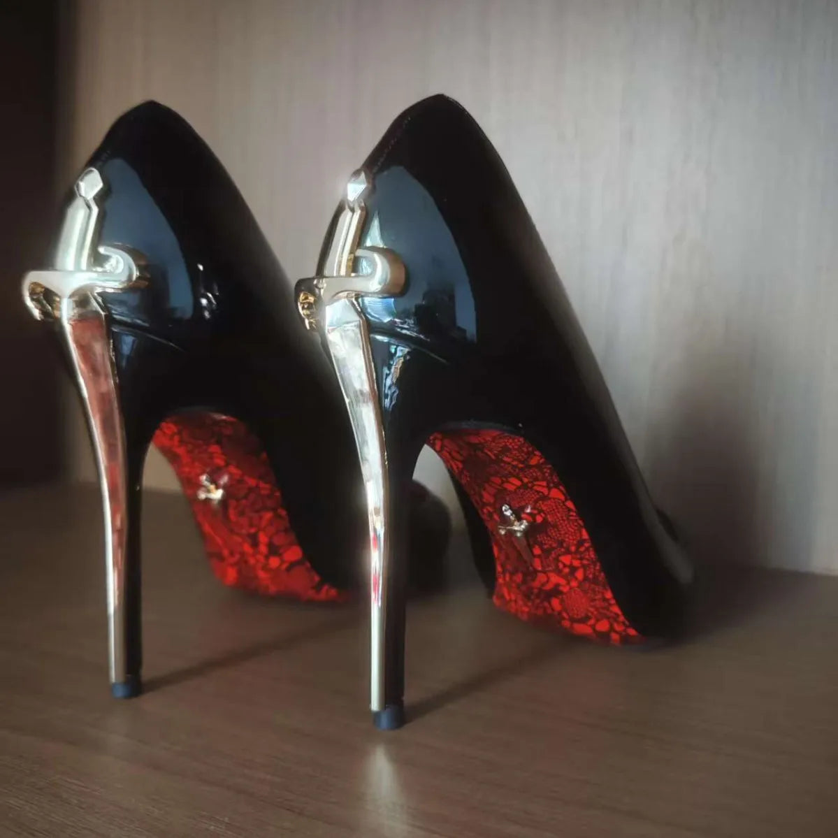 Microfiber Stiletto Open-Toe Red Bottom — Black | KIMLUD