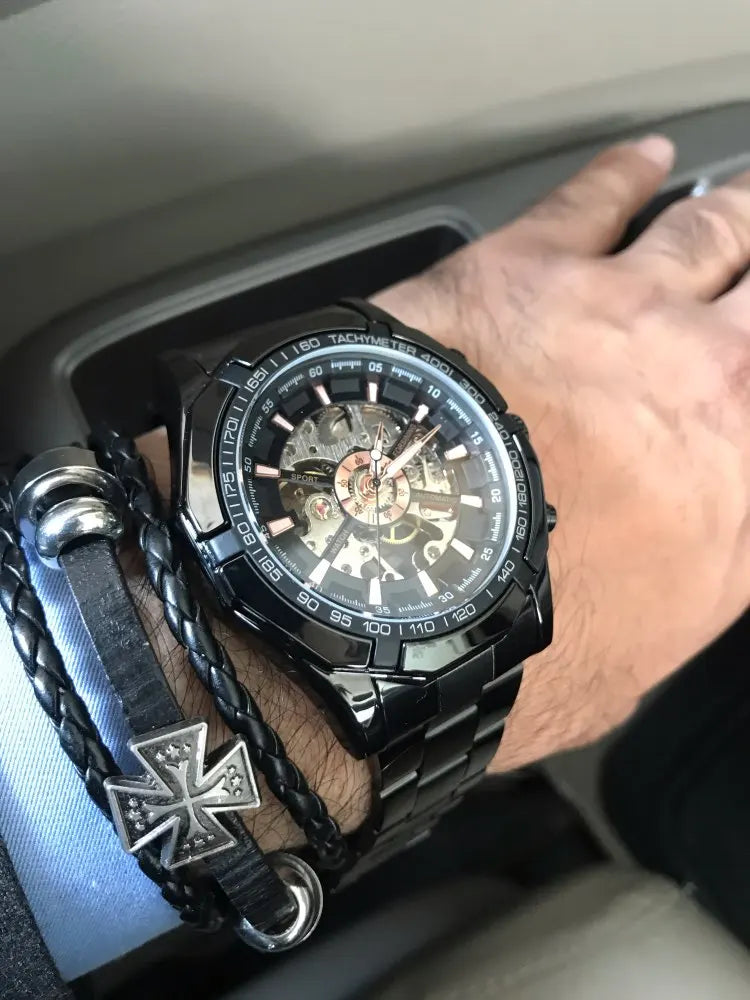 Forsining 2025 Stainless Steel Waterproof Mens Skeleton Watches Top Brand Luxury Transparent Mechanical Sport Male Wrist Watches