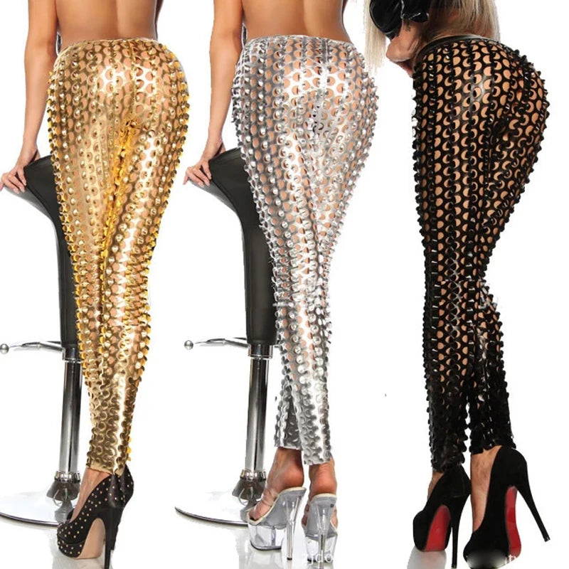 The European Style Hollow Out  High Waist  Imitation PU Leather Leggings  Women Hot Sexy Slim  Leggins For Spring Summer