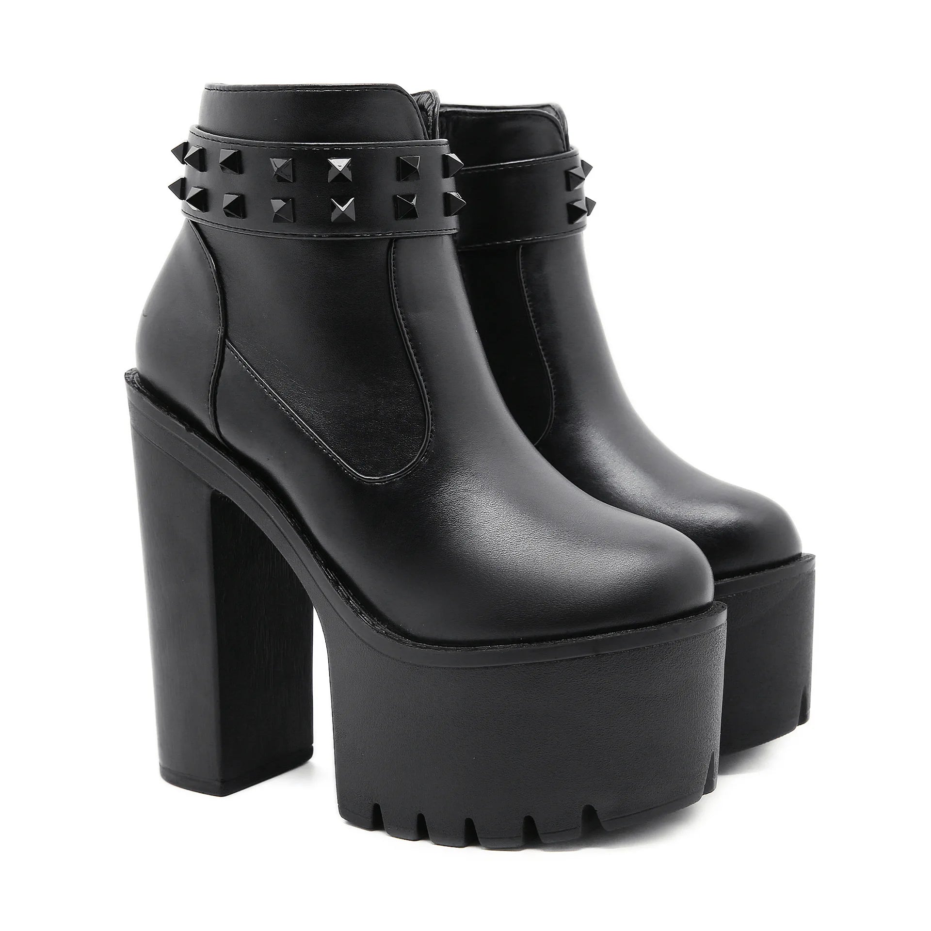Gothic Black Ankle Boots For Women Plus High Heel Female Shoes Lace-Up Nigh Club Black Sexy Rivets Short Bootsrd5