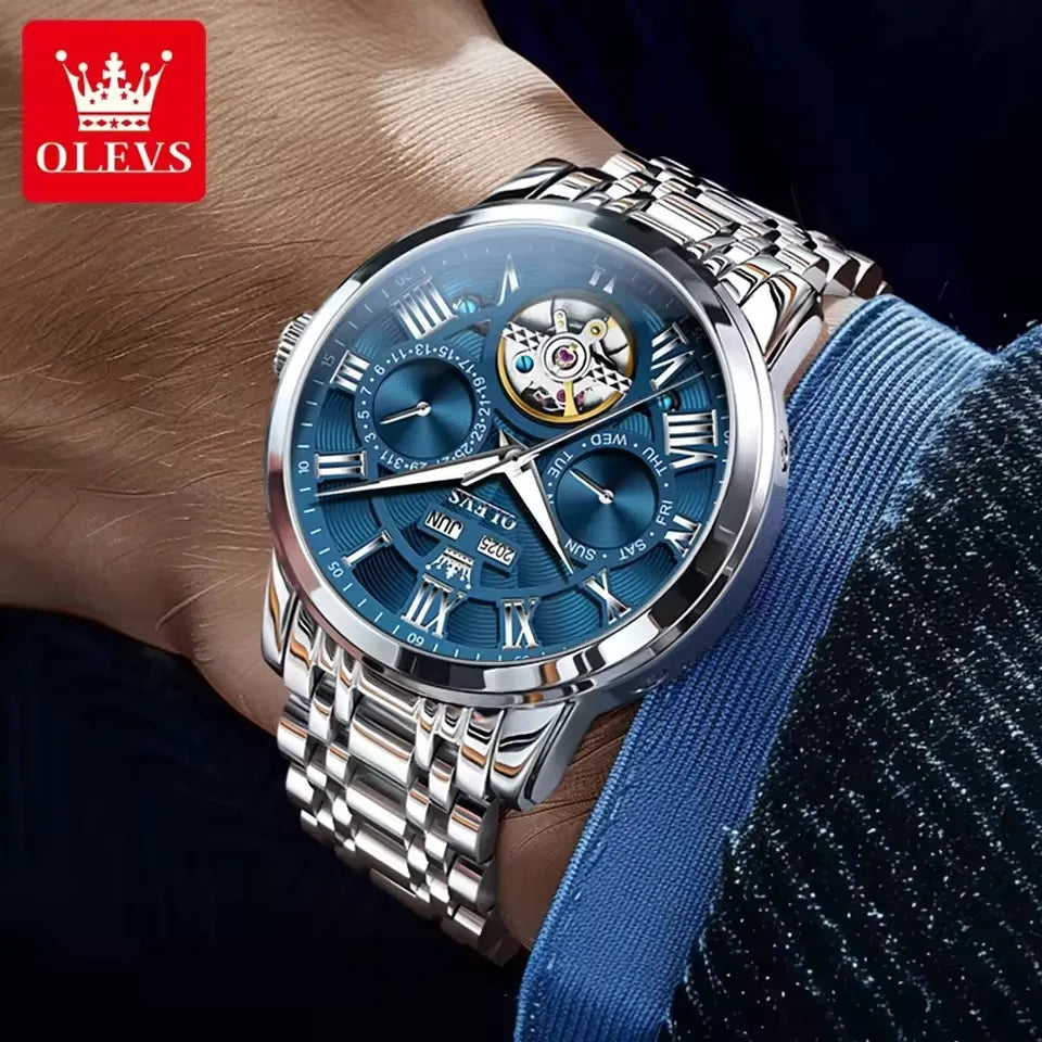 Stainless Steel Watch Moon Phase Luminous Tourbillon Automatic — Cobalt Blue | KIMLUD