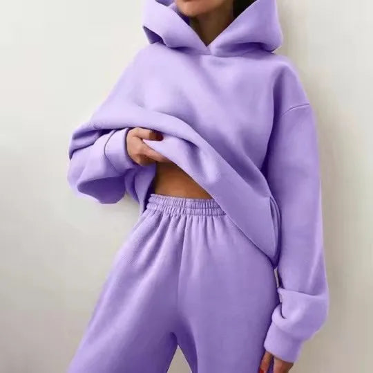 Fleece Hooded Tracksuit Two-Piece Set — Teal | KIMLUD