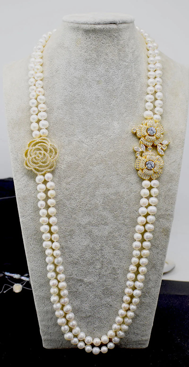 2ROWS freshwater pearl WHITE/GRAY ROUND 8-9MM necklace 24-26" FPPJ wholesale for woman gift