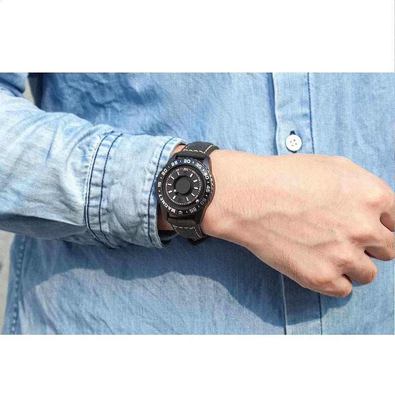 NEW EUTOUR Watch Men Innovative Magnet Ball Show Quartz Men Watch Genuine Leather Canvas Steel Strap Watches Relogio Masculino